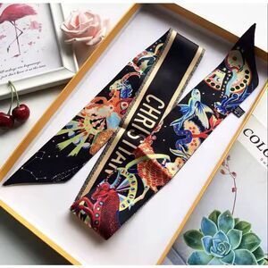 Christian Luxury Satin Twilly Scarf Ribbon Mythical Print Hair Tie Neck Wrap Bag